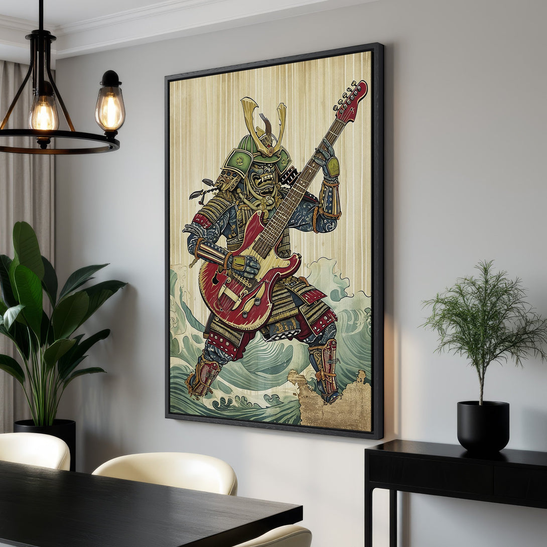 Framed Wall Art: Samurai playing a red guitar, Japanese-inspired design with a vibrant color palette. Perfect for adding a unique touch to your home decor.