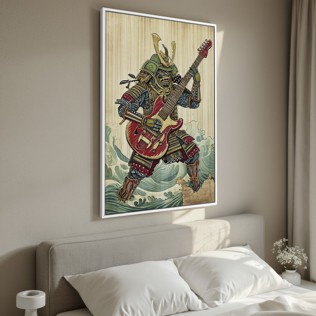 Framed Wall Art featuring a samurai playing guitar, vibrant colors and vintage style. Perfect for adding a unique touch to your home decor.