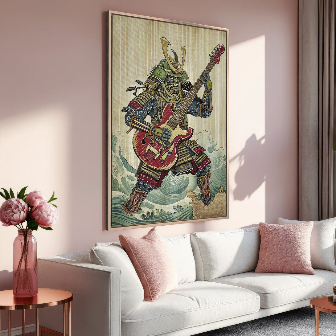 Framed Wall Art featuring a samurai playing guitar, in a vibrant, illustrative style. Earthy tones with pops of red and green, perfect for adding character to any room.
