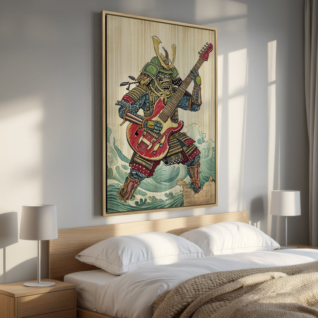 Framed Wall Art: Samurai playing guitar. Japanese-inspired art with a bold, colorful palette. Perfect bedroom decor!