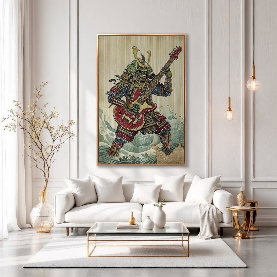 Framed Wall Art: Samurai playing guitar in vibrant colors. Modern Canvas Print adds a bold statement to any interior. Shop now!