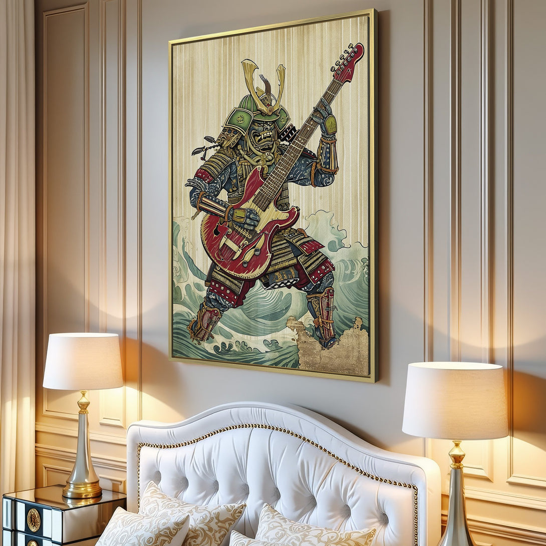 Canvas Print of a samurai playing guitar, vibrant colors. Japanese-inspired art with red, blue, and gold tones. Perfect wall decor for any room.