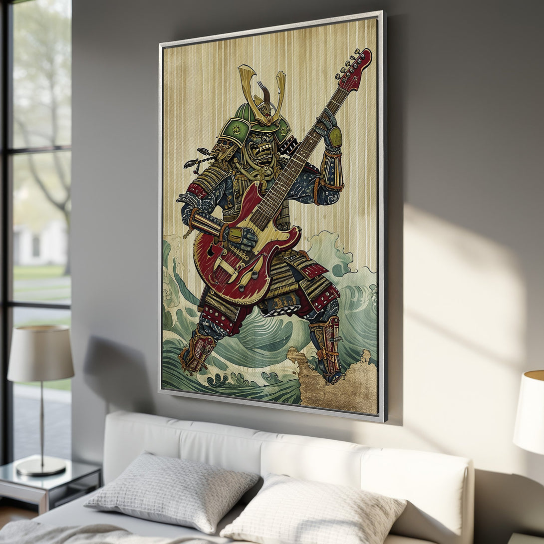 Framed Wall Art: Samurai playing guitar. Japanese-inspired art with a bold color palette of red, green, and gold. Perfect for modern home decor.