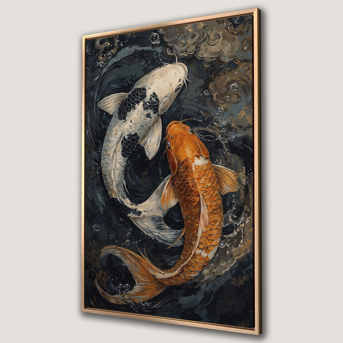Framed Wall Art: Koi fish painting in dark blue, gold, and white. Elegant artwork for home decor. Enhance your space with this beautiful canvas print.
