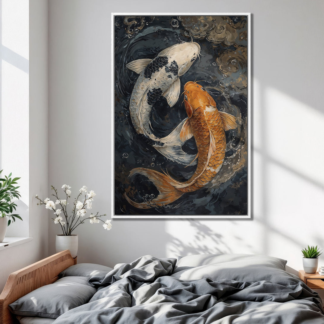 Framed Wall Art: Koi fish canvas print in a bedroom. Featuring a dark, moody palette with orange and white fish. Perfect for modern home decor.