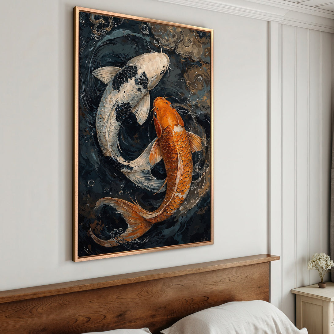 Framed Wall Art featuring koi fish in a dark, moody style. Beautiful orange, white, and blue color palette. Perfect for adding a touch of zen to your space.