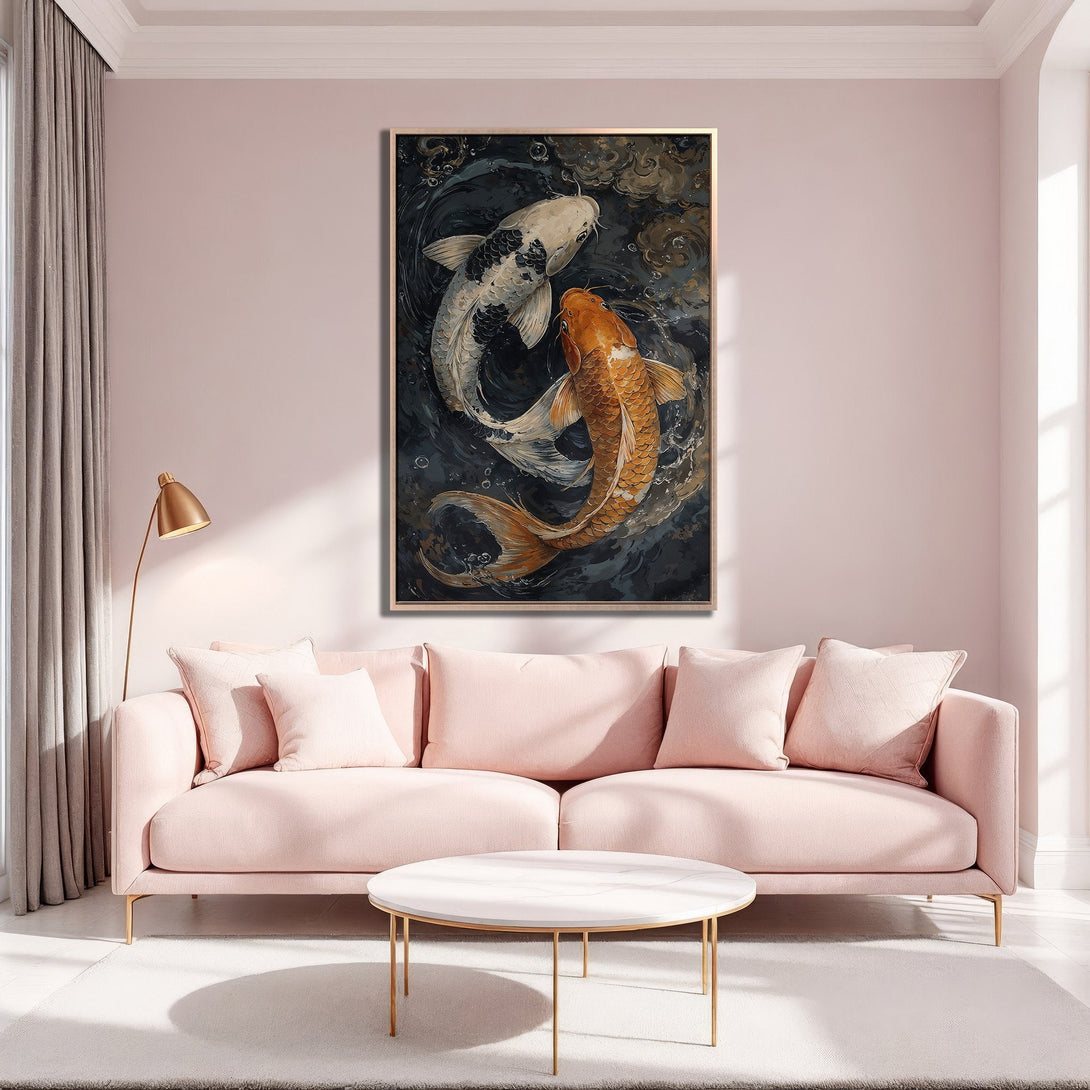 Framed Wall Art featuring koi fish in a dark, moody style with gold and orange accents. Perfect for adding a touch of elegance to your space.