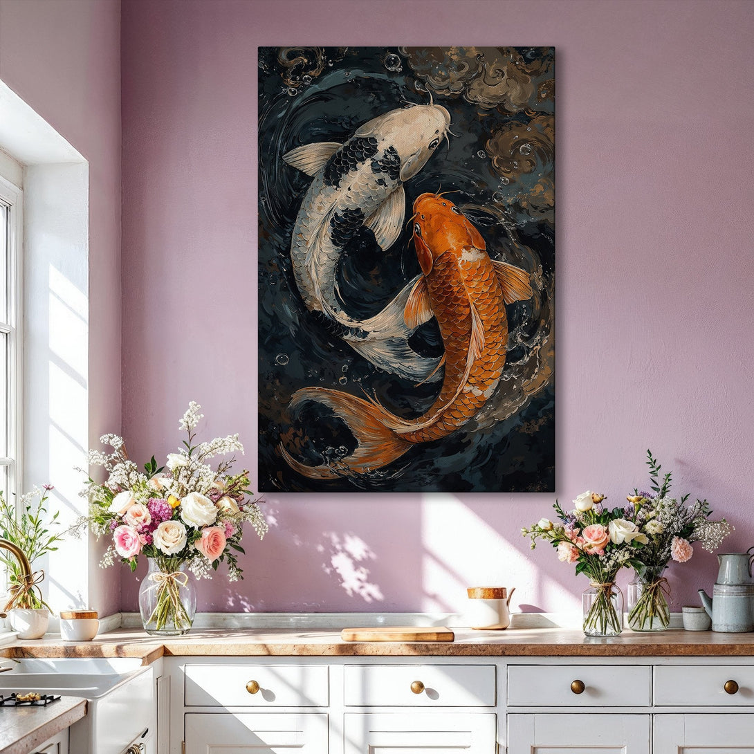 Framed Wall Art: Koi fish painting in a dark, moody style with orange, white, and black tones. Perfect for adding a touch of elegance to your home decor.