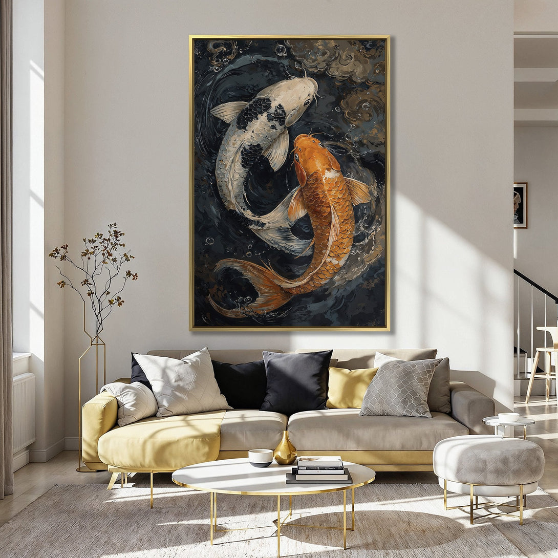 Canvas Print of koi fish in a dark, moody style. Features orange and white fish on a dark blue background, perfect for home decor.