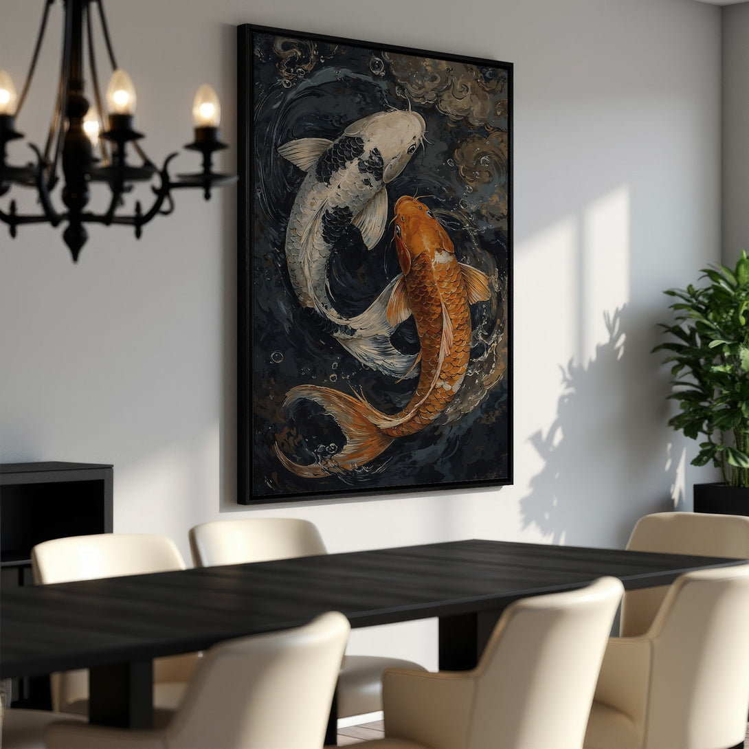 Framed Wall Art featuring koi fish in a dark, moody style. Stunning orange and white fish against a dark, dramatic backdrop. Elevate your space!