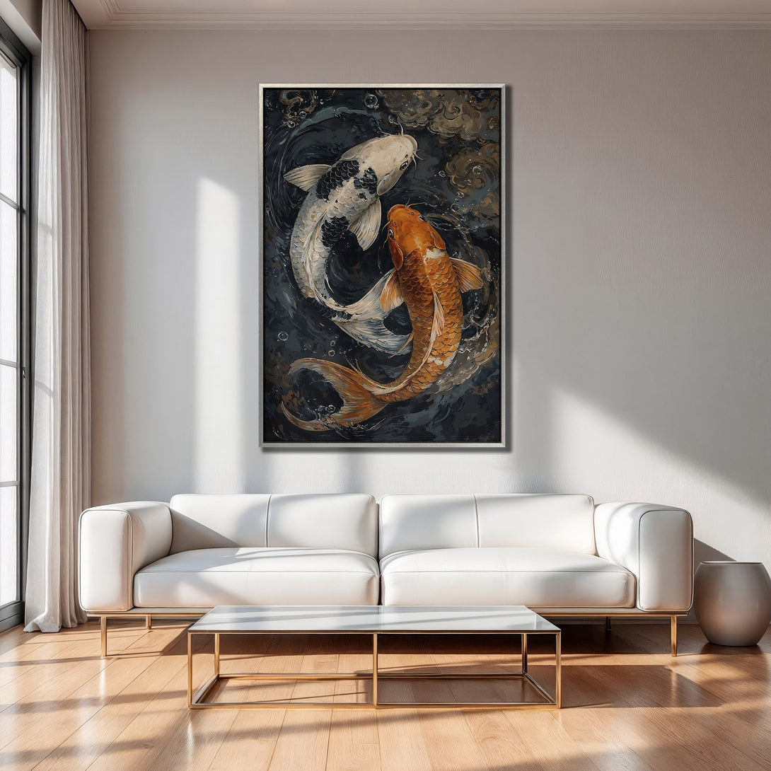Framed Wall Art: Koi fish painting in a modern interior. Features a dark, moody palette with orange and white fish. Perfect for living room decor.