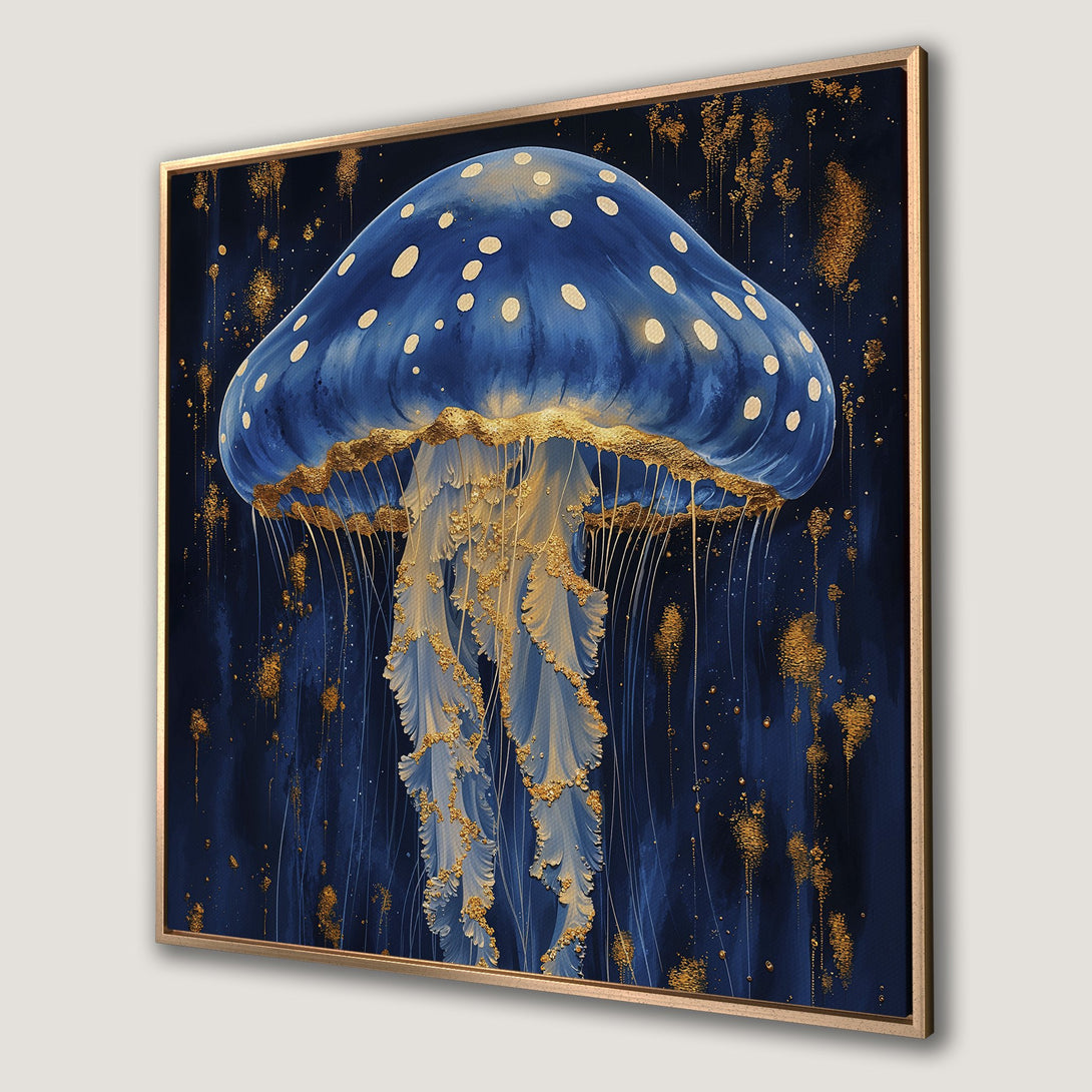 Framed Wall Art featuring an elegant blue and gold jellyfish painting. Modern abstract style with a luxurious color palette. Perfect for any home decor.