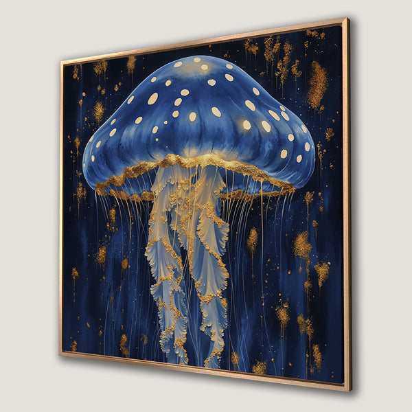 Framed Wall Art featuring an elegant blue and gold jellyfish painting. Modern abstract style with a luxurious color palette. Perfect for any home decor.