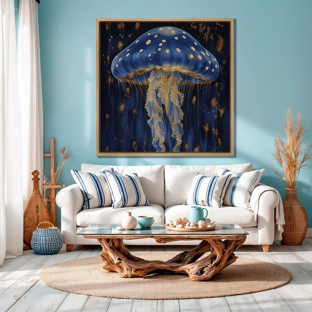 Framed Wall Art of a blue jellyfish with gold accents. Coastal-inspired art in a living room setting. Blue and gold color palette.