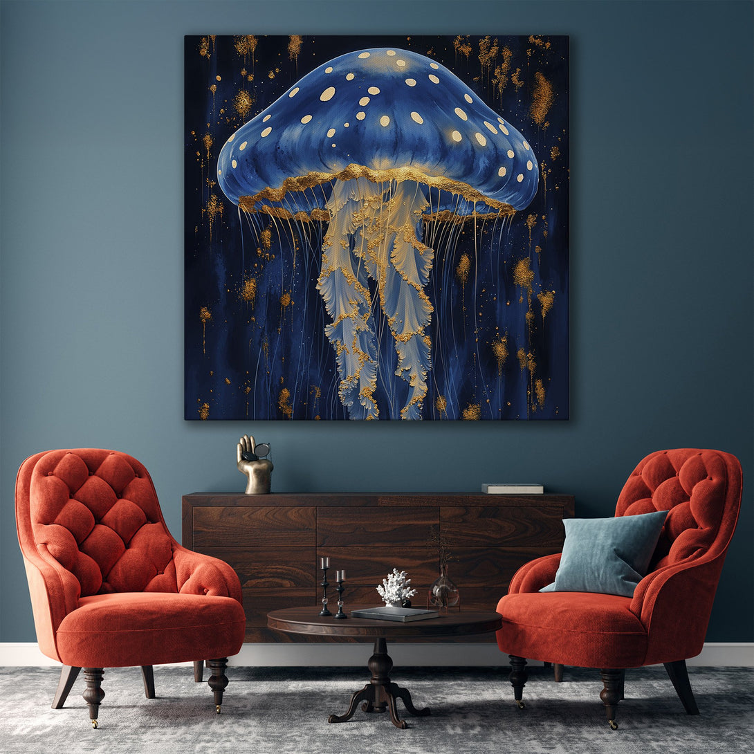 Framed Wall Art: Blue jellyfish painting with gold accents. Modern art in a living room, featuring a blue and gold color palette. Enhance your decor!