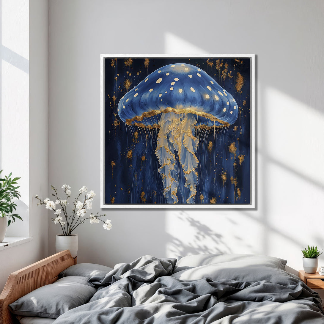 Framed Wall Art of a blue and gold jellyfish. Stunning abstract style canvas print with a dark blue and gold color palette. Perfect for bedroom decor.