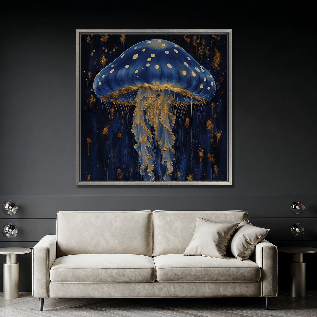 Framed Wall Art: Elegant blue & gold jellyfish print. Modern abstract style in a luxurious interior. Enhance your space with this stunning Canvas Print.