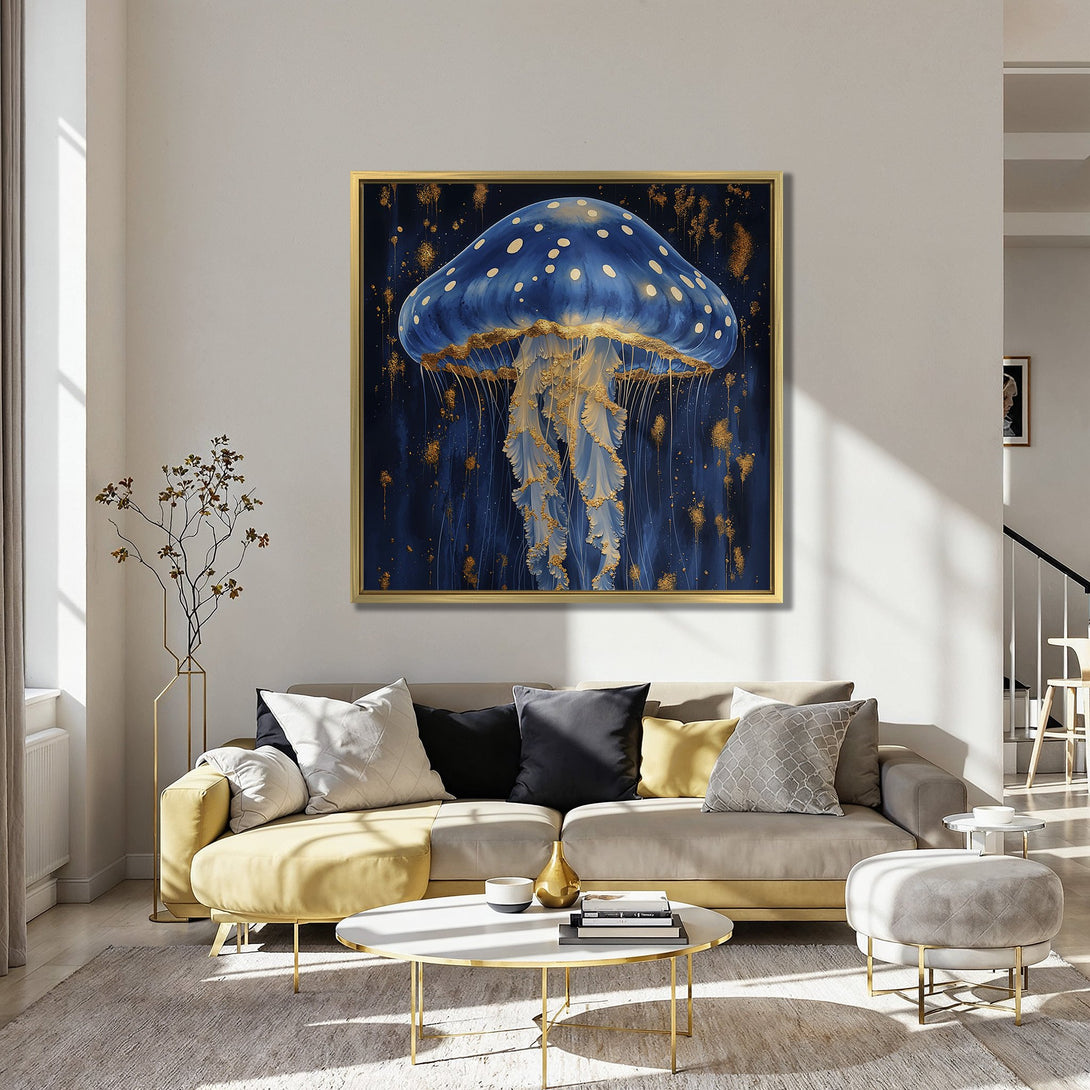 Canvas Print featuring a stunning blue and gold jellyfish artwork. Elegant wall art with a dark, moody color palette. Perfect for adding a touch of luxury.