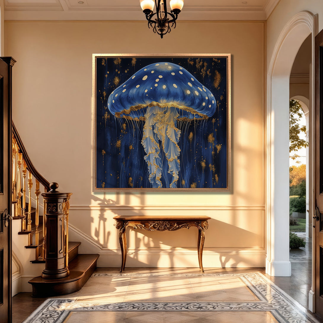 Framed Wall Art featuring a blue and gold jellyfish painting. Elegant, modern art with a dark blue and gold color palette, perfect for home decor.