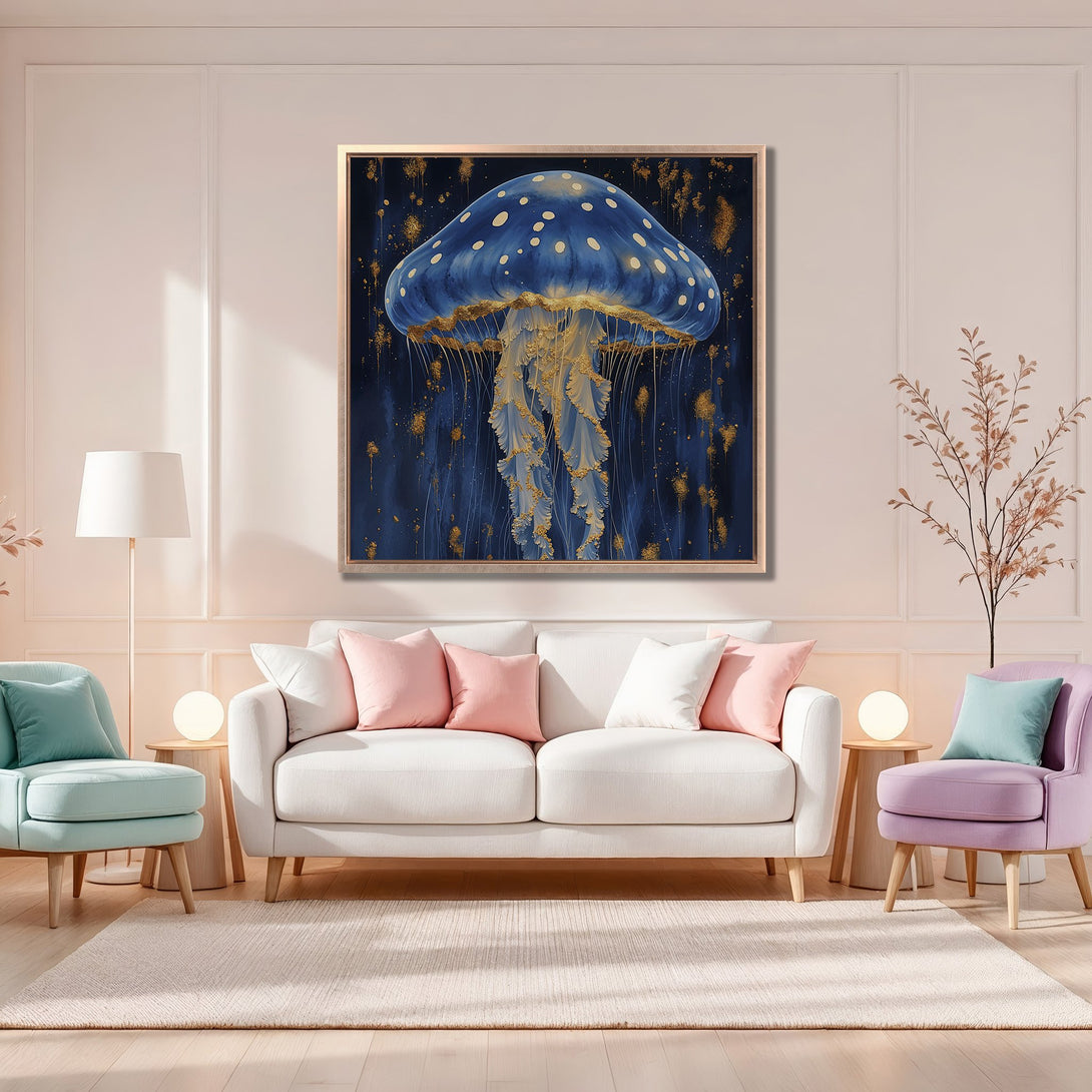 Framed Wall Art: Stunning blue & gold jellyfish canvas print. Modern art with a dark, moody palette. Perfect for living room decor.