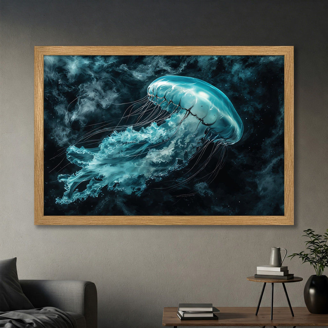 Framed Poster featuring a stunning jellyfish in a dark, ethereal style with a teal and blue color palette. Perfect wall art!
