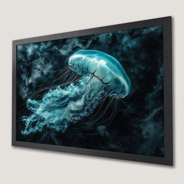 Framed Poster featuring a stunning jellyfish in a cosmic style, with a teal and dark blue color palette. Perfect wall art!