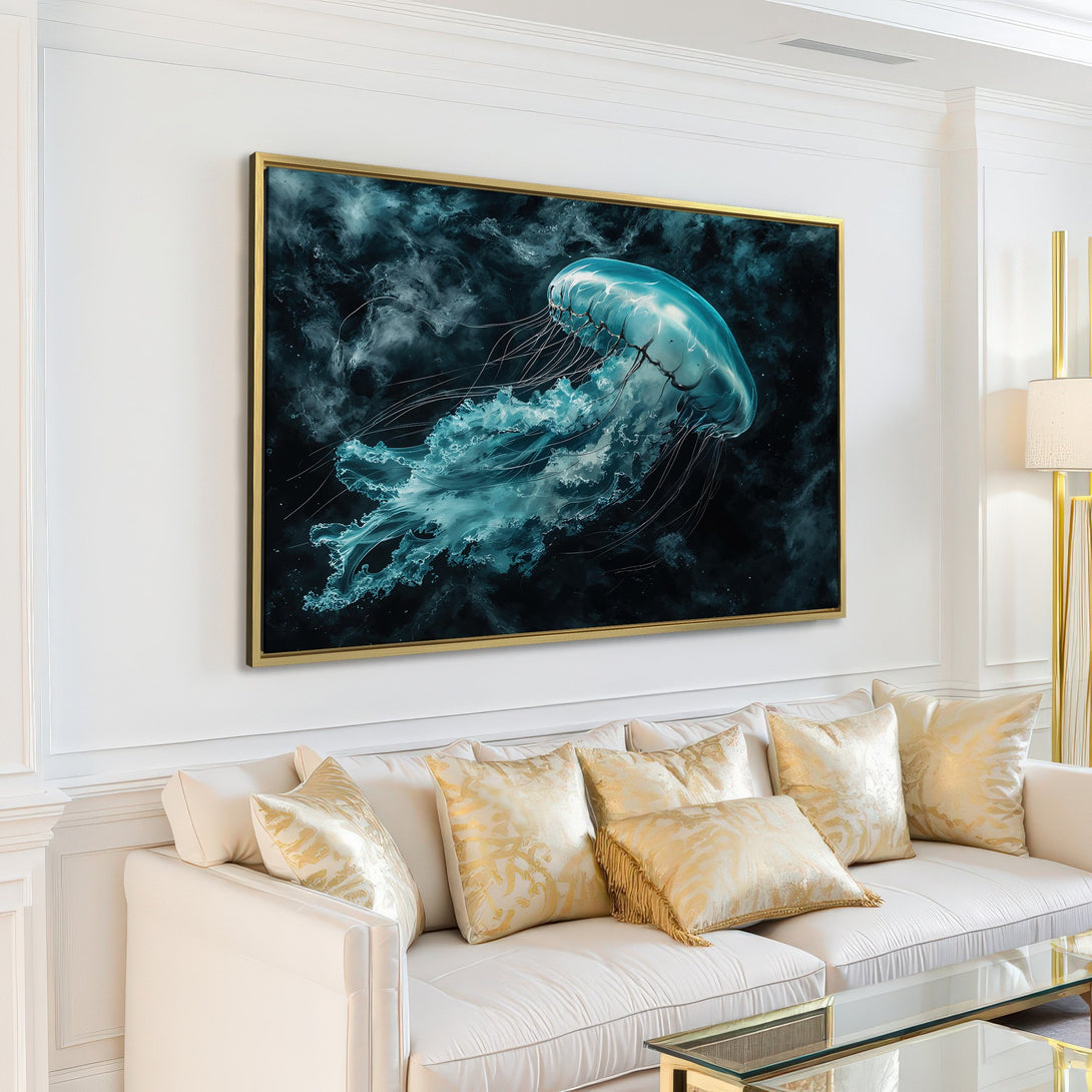 Canvas Print of a luminous jellyfish in a dark, moody style. Blue and teal color palette, perfect for modern home decor.