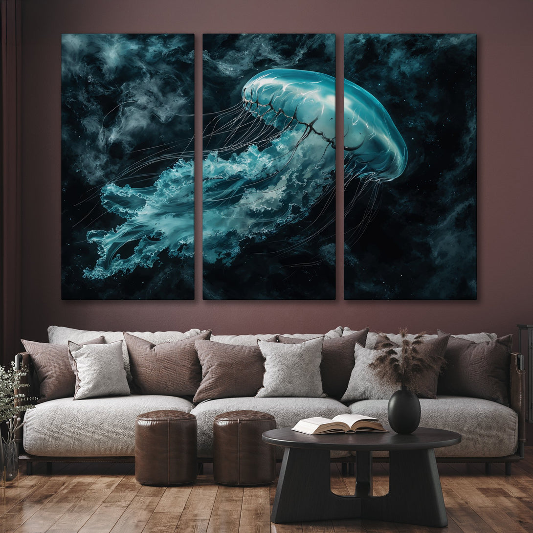 Canvas Print: Stunning jellyfish art in teal and black. Modern wall decor for a captivating living room. Transform your space with this unique artwork!