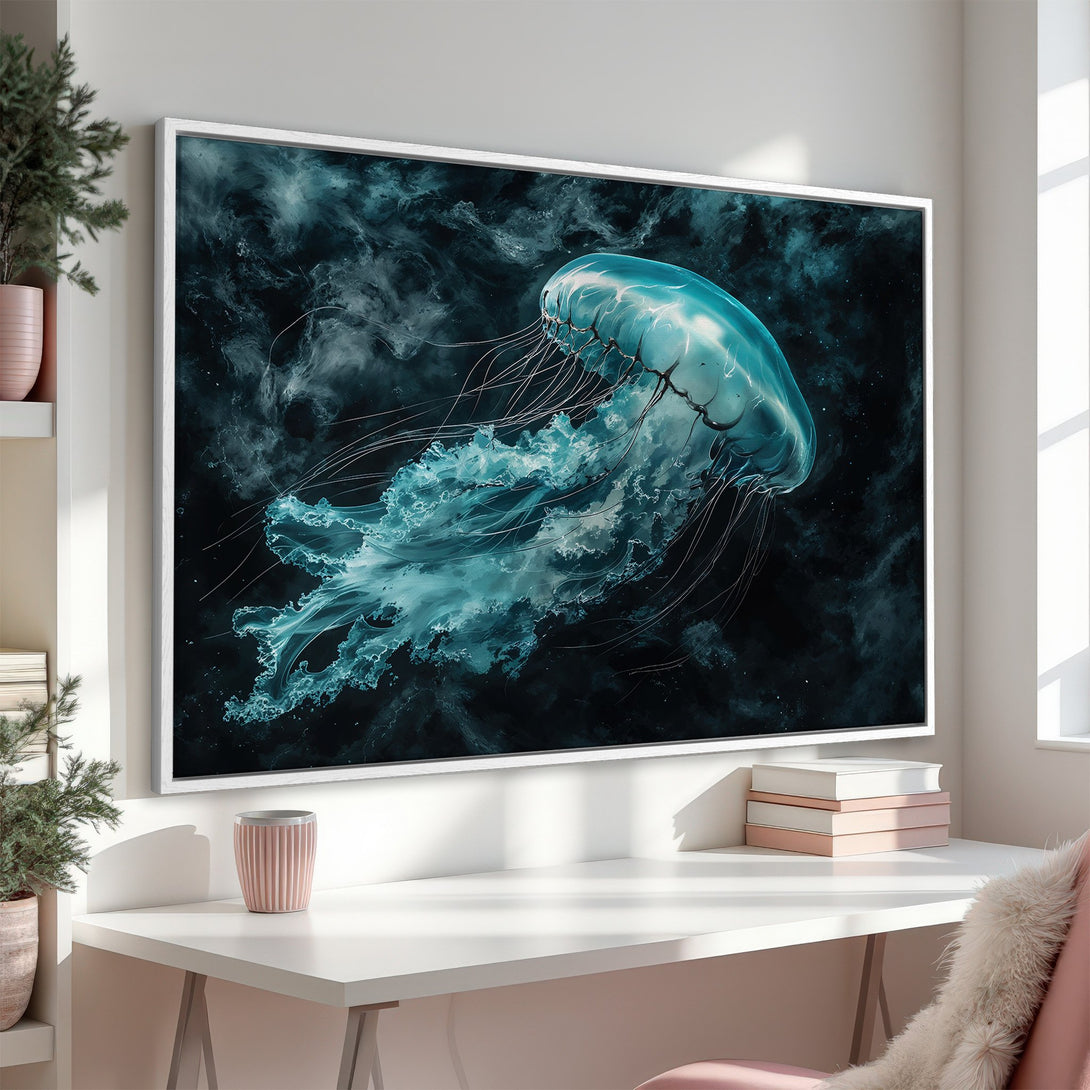 Framed Wall Art featuring a stunning jellyfish in teal and dark blue. Modern abstract style canvas print perfect for your home decor.