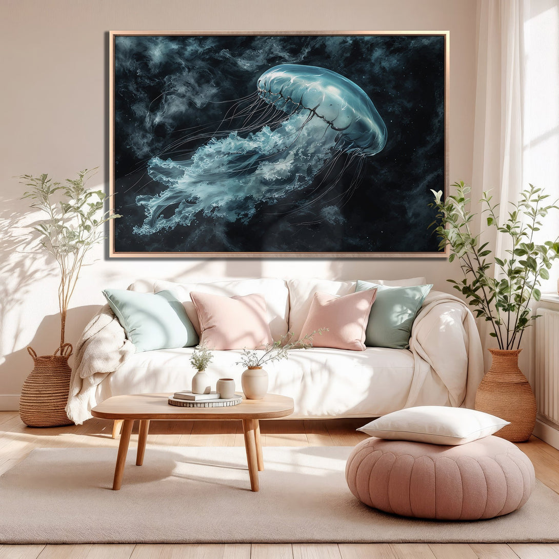 Framed Wall Art: Stunning jellyfish canvas print in teal and black, adding a touch of ocean art to any living room. Modern home decor.