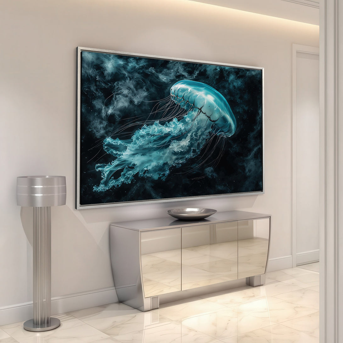 Framed Wall Art: Stunning turquoise jellyfish canvas print. Modern art with dark blue and teal tones, perfect for coastal or contemporary decor. Shop now!