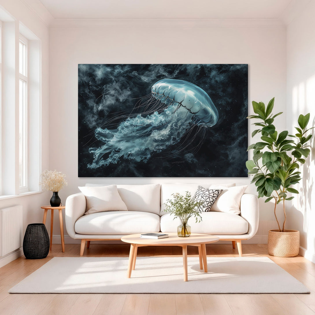 Framed Wall Art featuring a stunning jellyfish in teal and black, perfect for adding an elegant touch to any interior. Explore our ocean-inspired canvas prints!