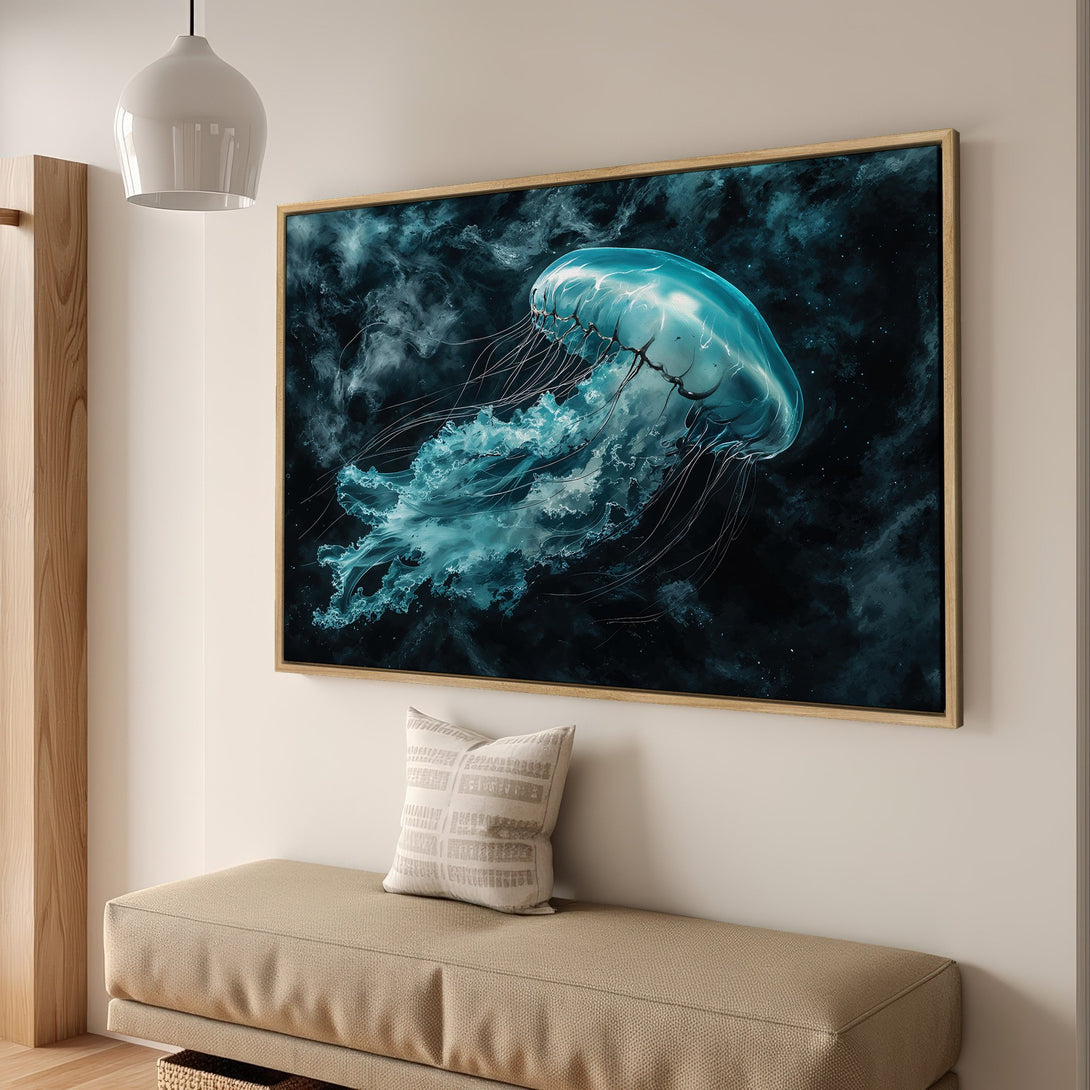 Framed Wall Art: Stunning teal jellyfish canvas print. Modern, abstract style with a dark blue and teal color palette. Perfect for ocean-themed decor.