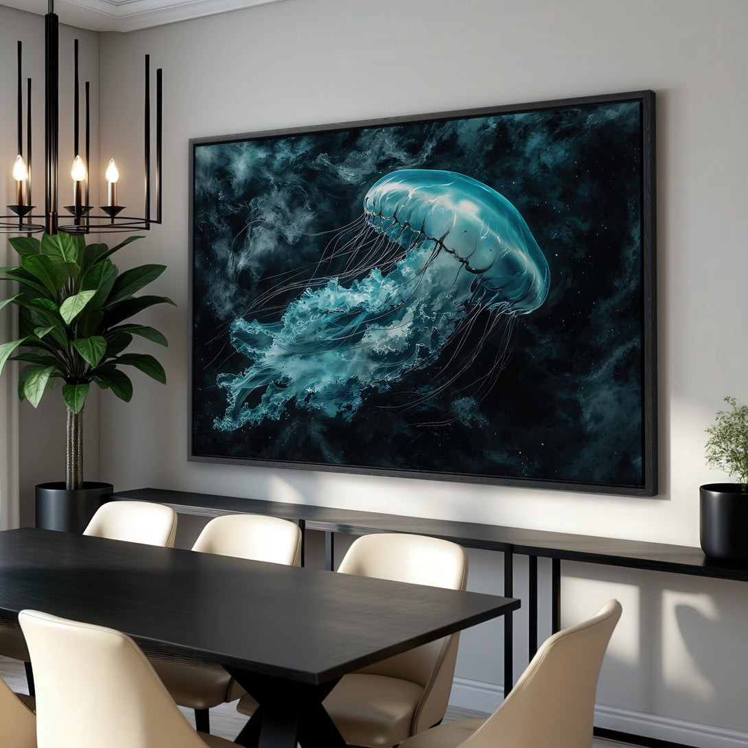 Framed Wall Art: Stunning jellyfish canvas print in teal and black, adding an artistic touch to any space. Perfect for modern home decor.