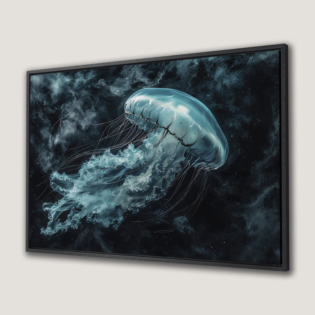 Framed Wall Art: Stunning jellyfish art in a dark, moody style with a blue and black color palette. Add this captivating Canvas Print to your decor!