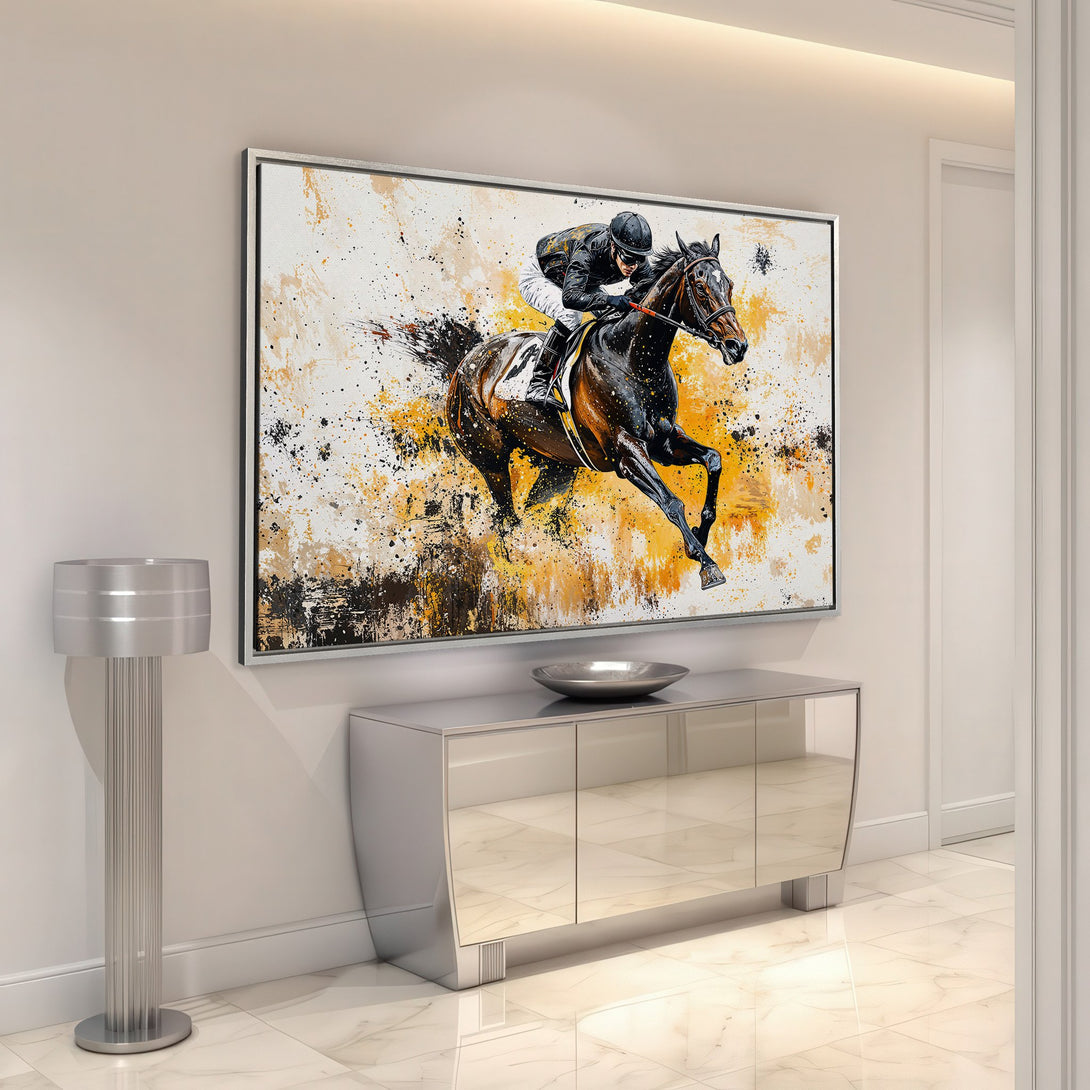 Framed Wall Art: Dynamic horse racing art in a modern, abstract style. Featuring a black, yellow, and brown color palette, perfect for a stylish interior.
