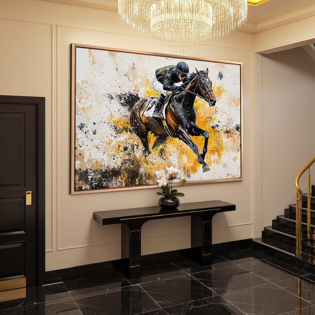Framed Wall Art: Abstract horse racing canvas print in black, yellow, and white. Elevate your space with this stunning equestrian art piece.