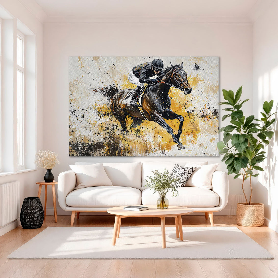 Framed Wall Art: Dynamic horse racing painting in abstract style with black, gold, and white color palette. Perfect for modern home decor.