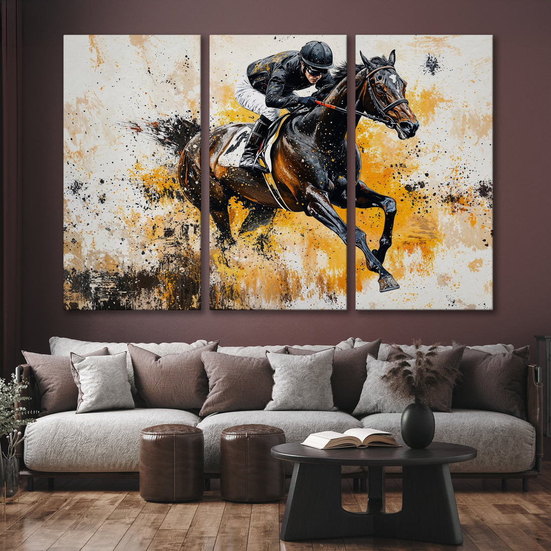 Canvas Print of a horse racing scene in an abstract style. Features a jockey on a brown horse with a white, yellow, and black color palette.