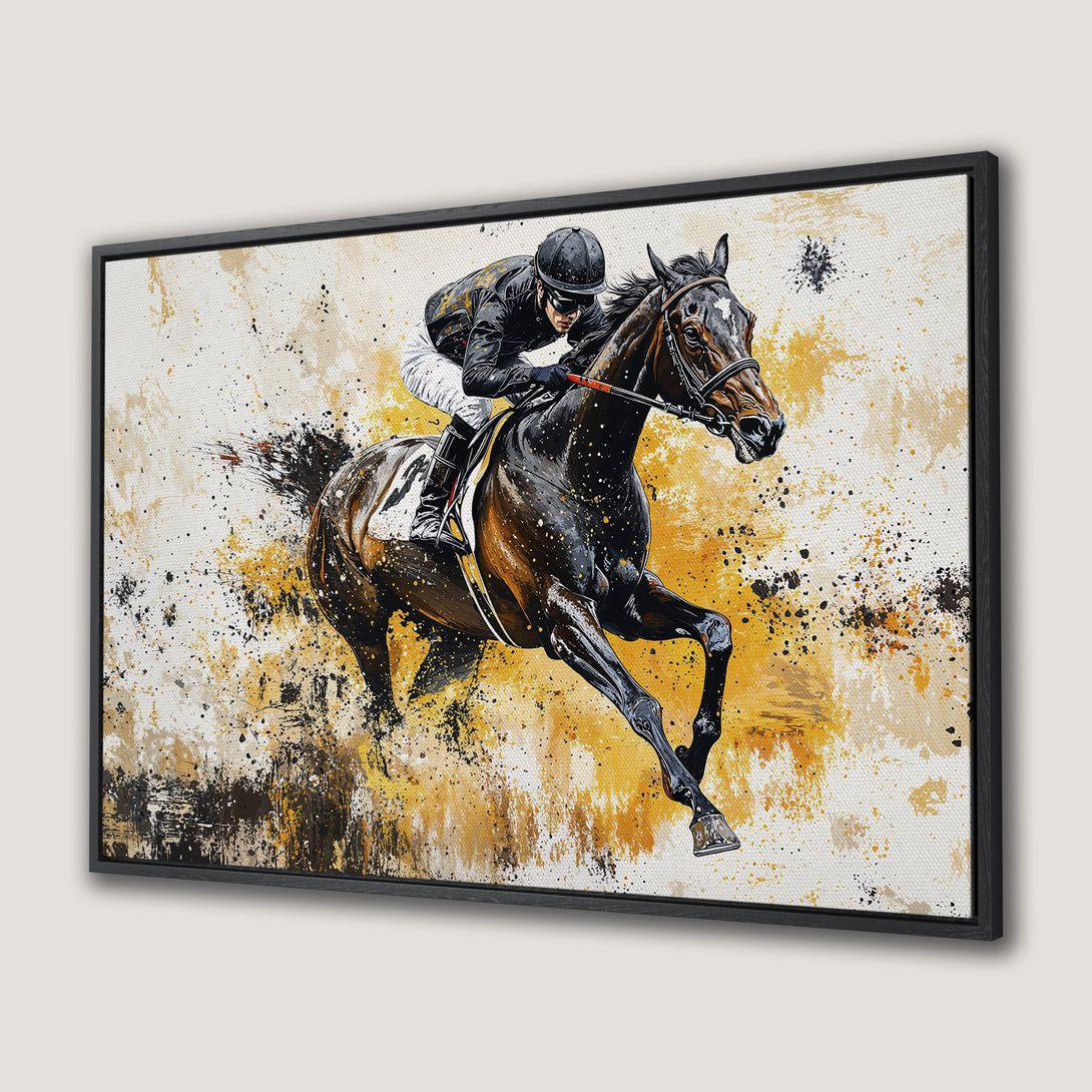 Framed Wall Art: Dynamic horse racing art print. Abstract style with a black, brown, and gold color palette. Perfect for equestrian decor.