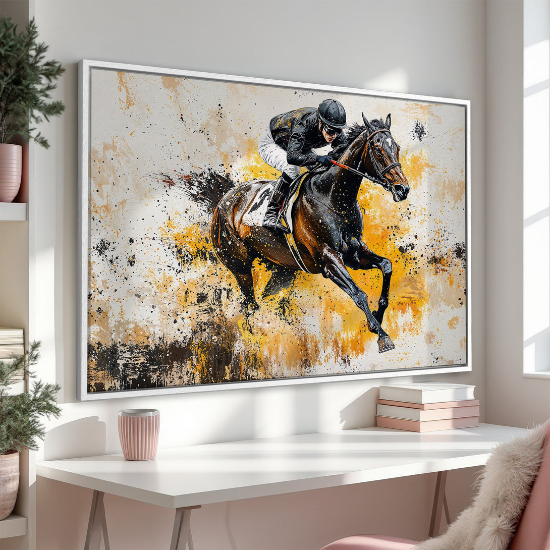 Framed Wall Art: Dynamic horse racing artwork in a modern style with a warm yellow, black, and brown color palette. Perfect for adding a touch of elegance.