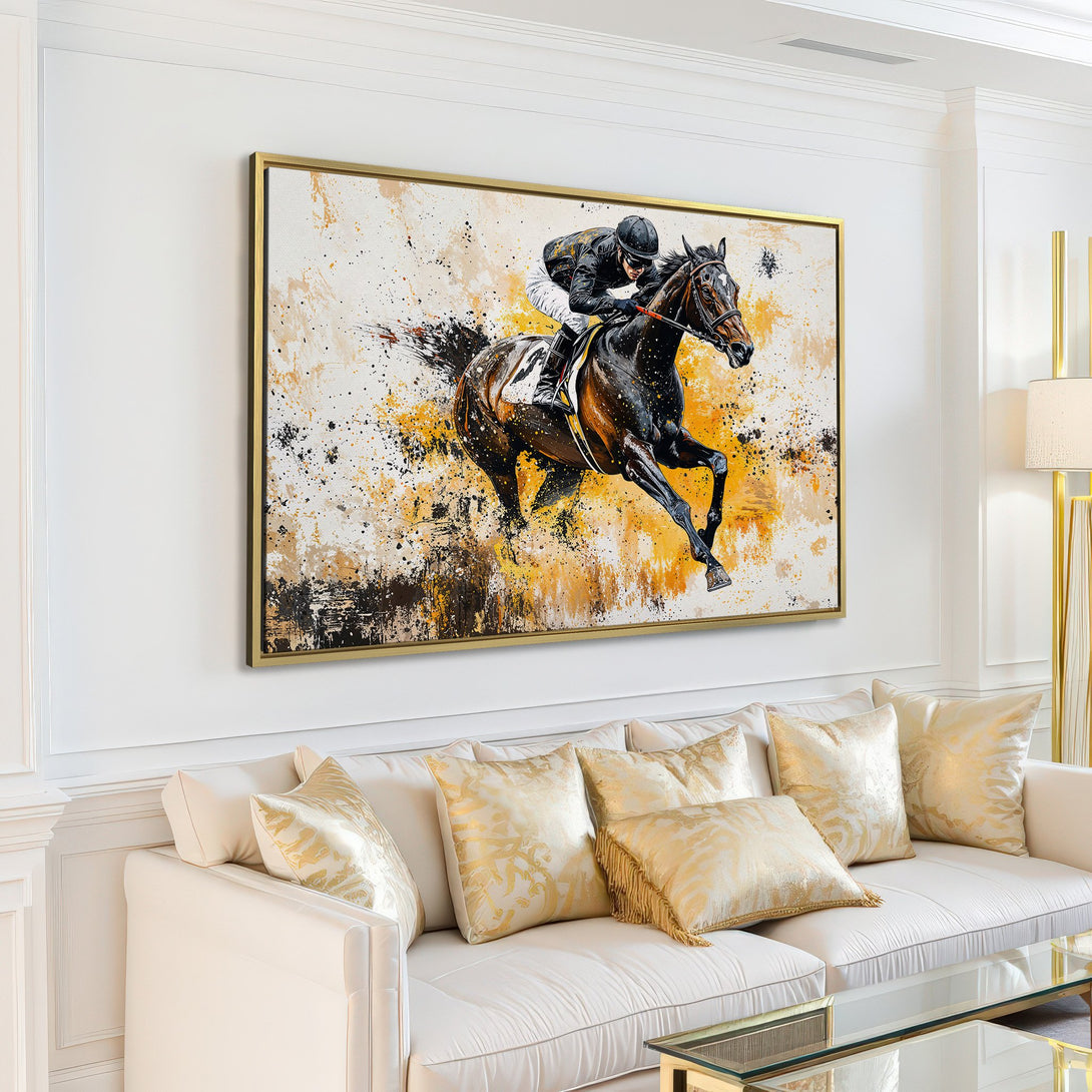Canvas Print of a horse racing scene. Abstract style with black, gold, and white palette. Perfect wall art for your home.
