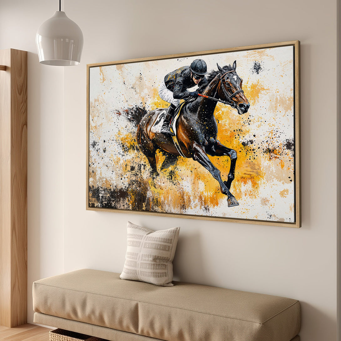 Framed Wall Art: Abstract horse racing scene in black, yellow, and white. Modern canvas print for home decor.