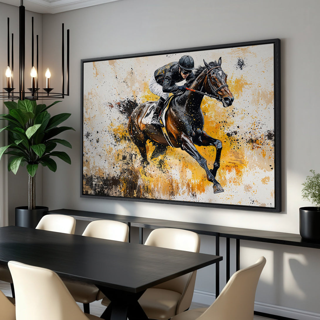 Framed Wall Art: Dynamic horse racing art in a modern style with a bold yellow, black, and brown color palette. Perfect for adding energy to any space!