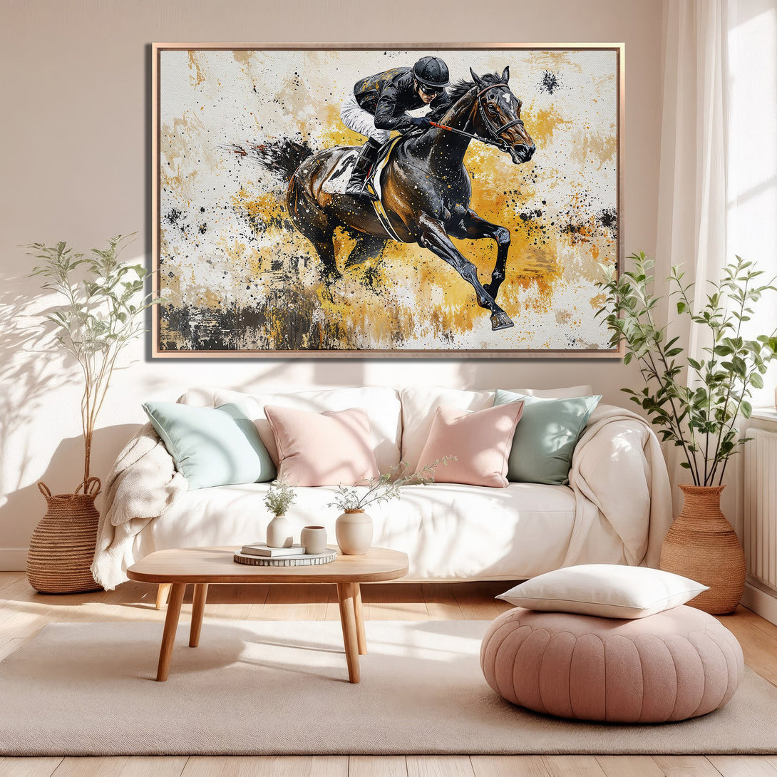 Framed Wall Art: Dynamic horse racing canvas print in abstract style. Features black, yellow, and white color palette. Perfect for modern home decor.