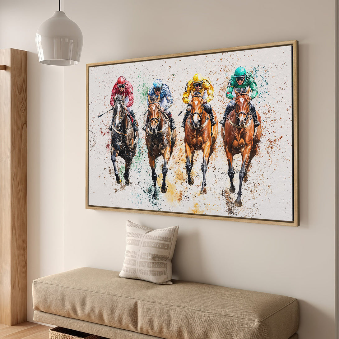 Framed Wall Art of a horse race in watercolor style. Vibrant colors and dynamic action capture the excitement. Perfect for adding art to any space.