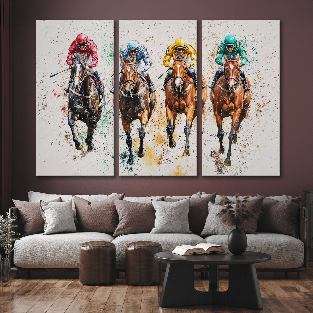 Canvas Print of horse racing art, watercolor style with vibrant colors. Perfect for adding a touch of elegance to any room.