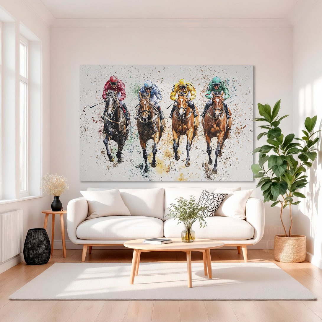 Framed Wall Art: Watercolor painting of racehorses in action. Vibrant colors, gold frame, perfect for adding a touch of elegance to your home decor.