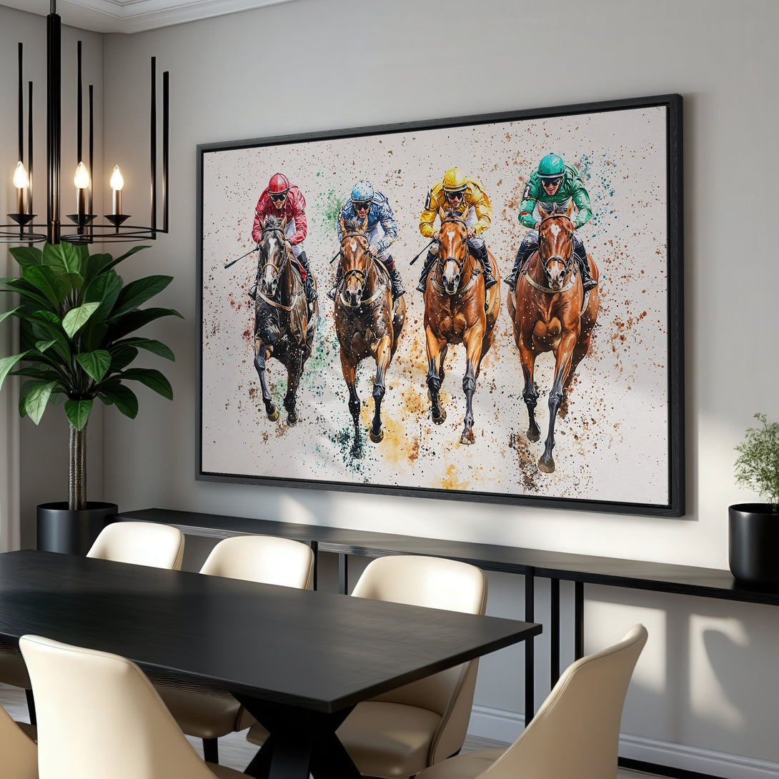Framed Wall Art: Dynamic watercolor painting of racehorses in vibrant colors. Adds a touch of elegance to any space. Shop now!