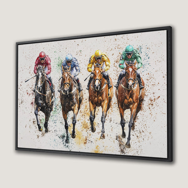 Framed Wall Art of watercolor horse race. Vibrant colors & dynamic style. Perfect equestrian decor for your home.